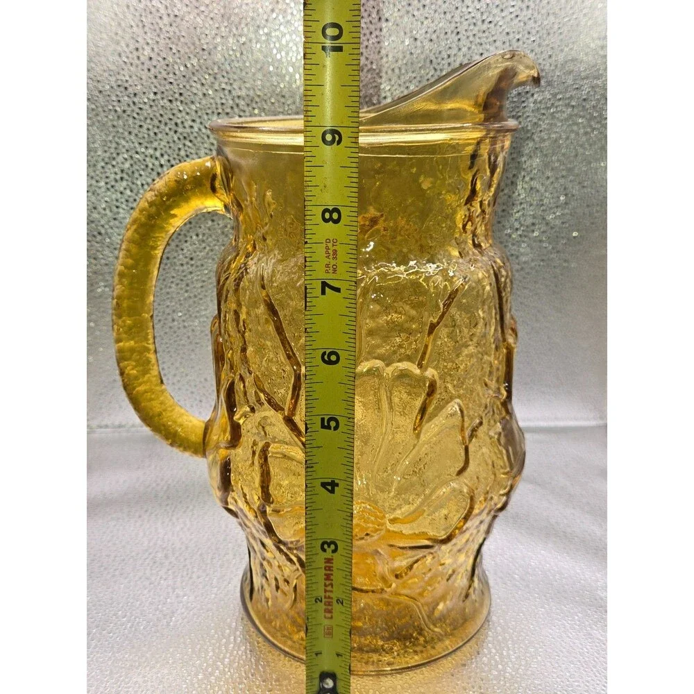 Vintage Amber Glass Pitcher, Embossed Sunflower Floral Pattern with Ice Lip,8